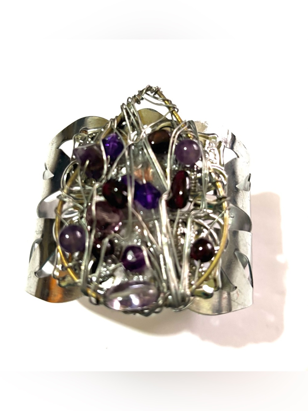 Handcrafted Silver Wire bracelet with Purple Gemstone Beads